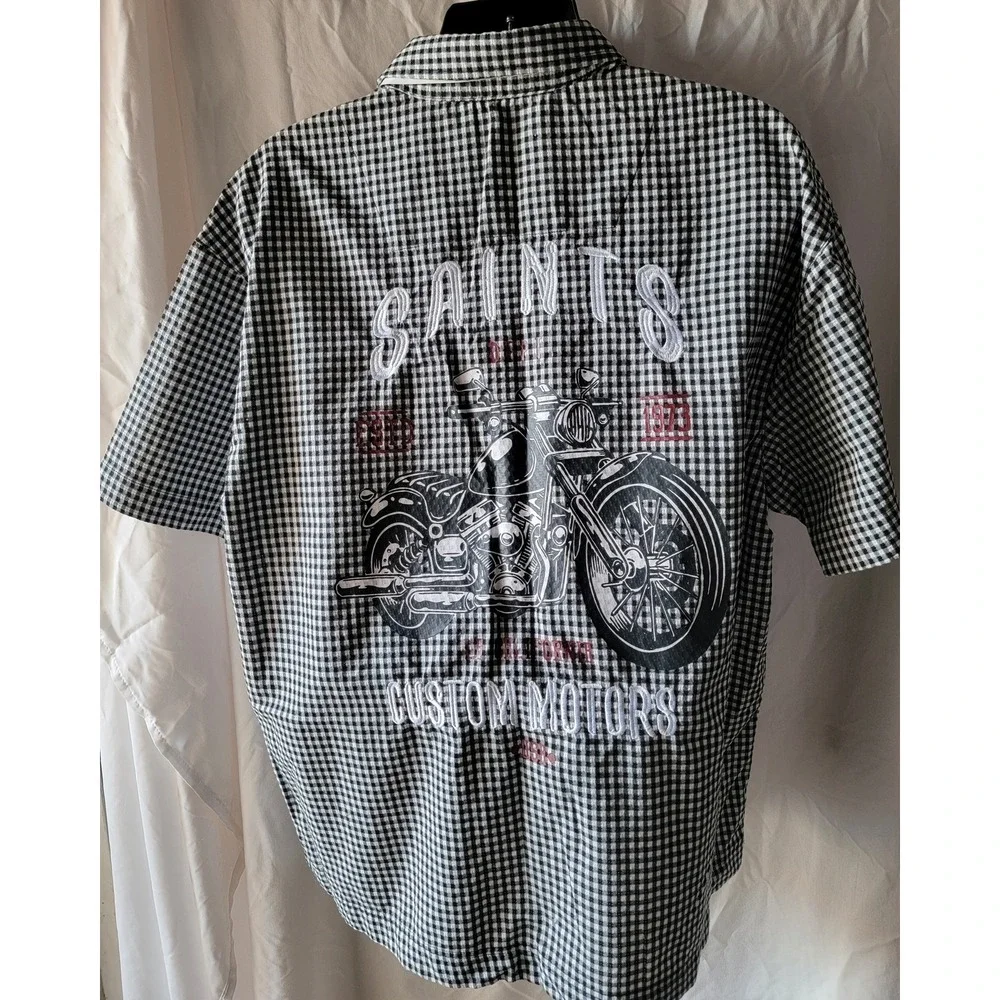 Saints‎ Studio Mens Gingham Motorcycle Graphic Button Down Shirt Black White 2XL